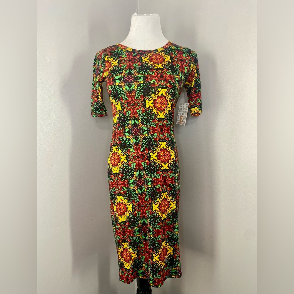 LuLaRoe Julia Dress Multicolor Abstract Midi Form Fitting